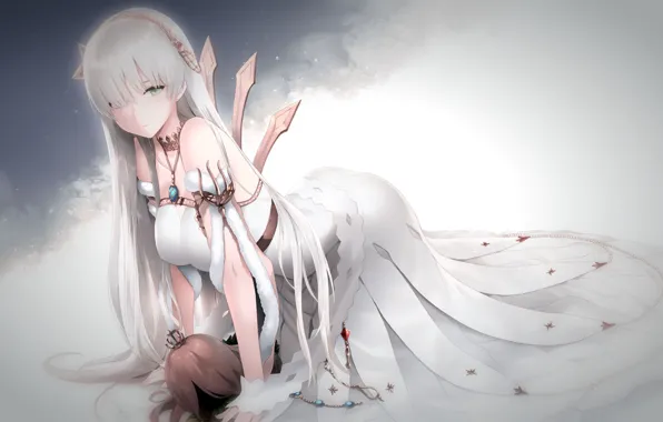 Picture girl, white, long hair, dress, boobs, breast, anime, painting