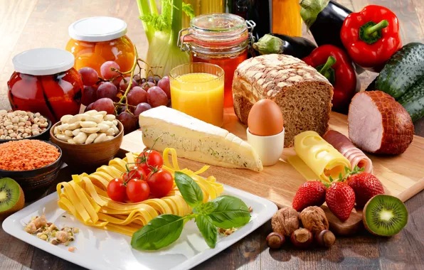 Breakfast, cheese, strawberry, juice, grapes, pepper, nuts, tomatoes