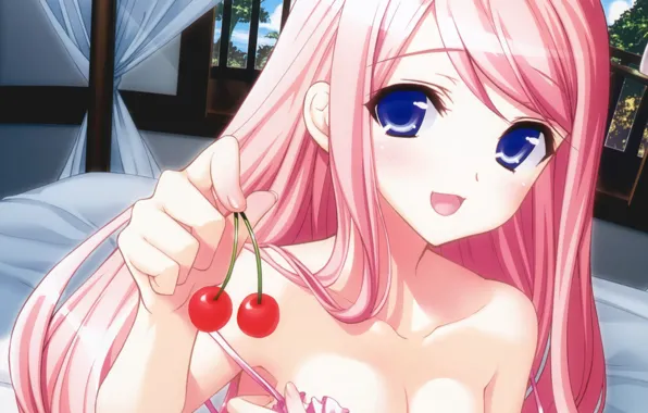 Hand, girl, cherries, pink hair, big eyes, visual novel, in the bedroom