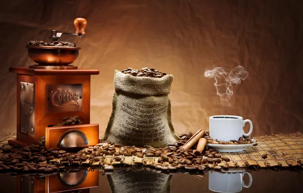 Picture coffee, cinnamon, coffee beans, aroma, coffee grinder