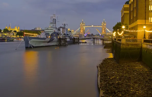 Night, bridge, lights, river, ship, England, London