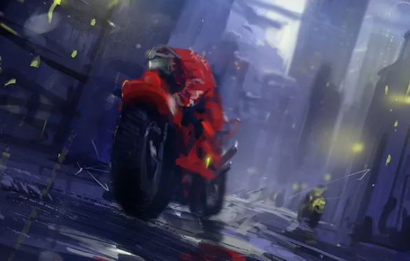 Road, speed, art, puddles, helmet, motorcyclists