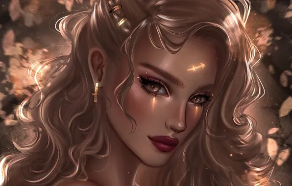 Face, blonde, earring, Sagittarius, portrait of a girl, curly hair, shining eyes, by Stella Colorado