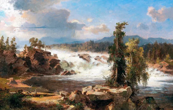 Waterfall, Trees, River, Picture, Belgian painter, Franz Richard Unterberger, Franz Richard Unterberger, The Thundering Waterfall