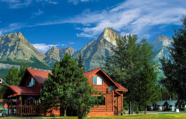 The sky, clouds, trees, mountains, house, blue, rocks, tops