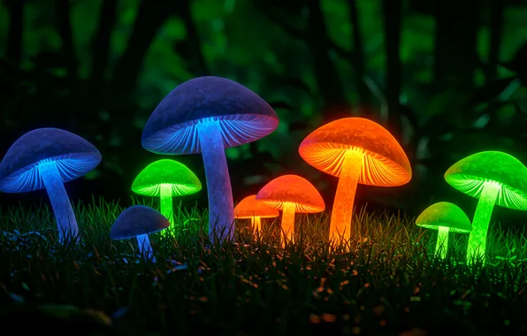 Grass, night, mushrooms, raznocvetnye