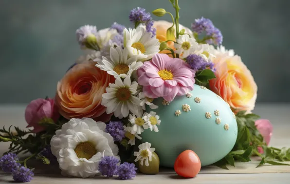 Flowers, table, holiday, egg, eggs, bouquet, spring, Easter