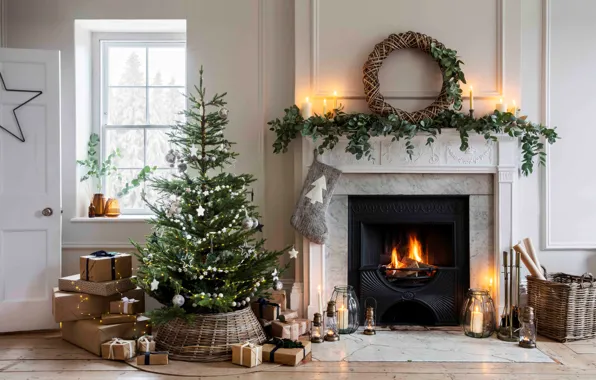 Picture Fire, Tree, Fireplace, Christmas Tree, Christmas tree, Ultra-elegant Christmas decor, Ultra-elegant Christmas decor, An exciting …