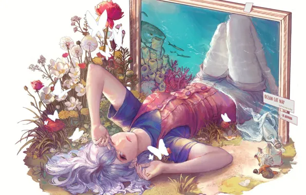 Girl, butterfly, flowers, the ocean, shark, picture, frame, art