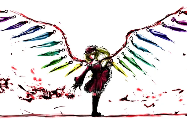 Girl, blood, wings, the demon, art, crystals, cap, touhou