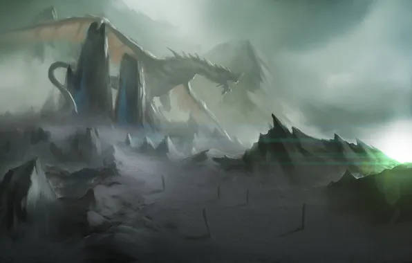 Mountains, stones, dragon, art