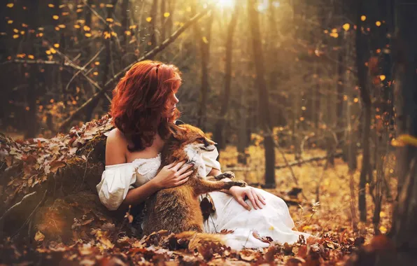 Autumn, forest, girl, Fox, Katka Kona, Marketa Novak