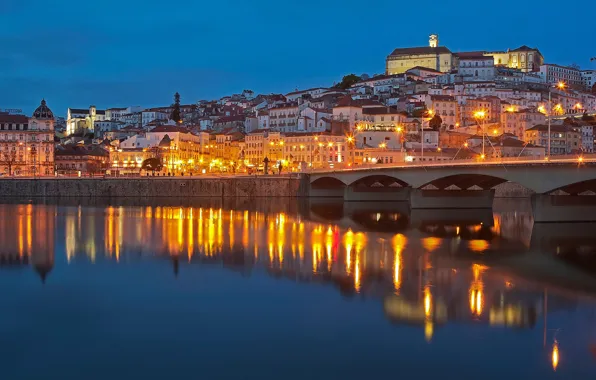 Picture bridge, river, building, home, Portugal, night city, Portugal, Coimbra