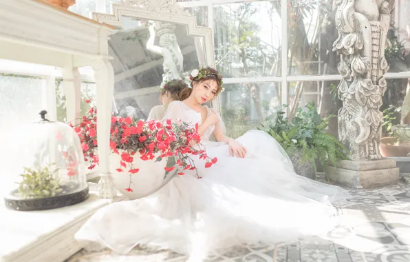 Picture look, girl, light, flowers, pose, garden, dress, mirror