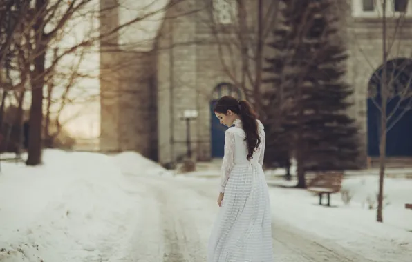 Picture winter, girl, hairstyle, tail, white dress, curls