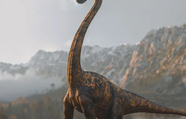 Flowers, Mountains, Dinosaur, Neck, Animal, Digital art, Ancient animals, Extinct animals