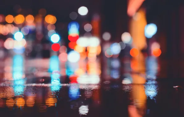 Picture light, night, the city, lights, street, the evening, puddles, bokeh