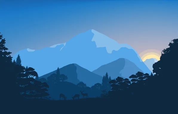 Minimalism, Mountains, Trees, Mountain, Forest, Animals, Deer