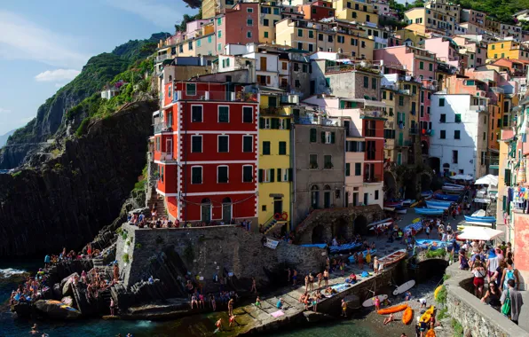 Picture sea, rocks, home, Italy, Riomaggiore, Cinque Terre, The Ligurian coast