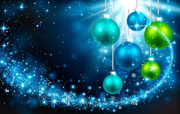 Snowflakes, blue, green, background, holiday, balls, new year, vector