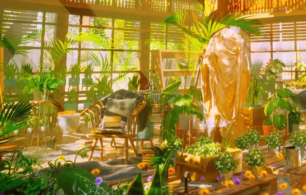 Picture flowers, chair, ladder, greenhouse