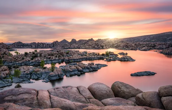 Sea, the sun, clouds, light, landscape, sunset, stones, dawn