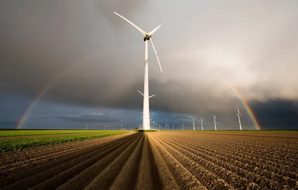 Field, rainbow, windmills