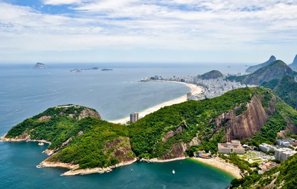 Sea, mountains, boats, Brazil, Brasil, Rio de Janeiro, islets, Copacabana Beach