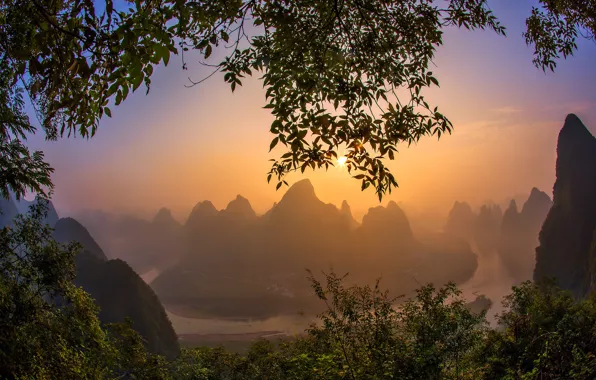 Picture the sun, sunset, river, China, haze, Guilin