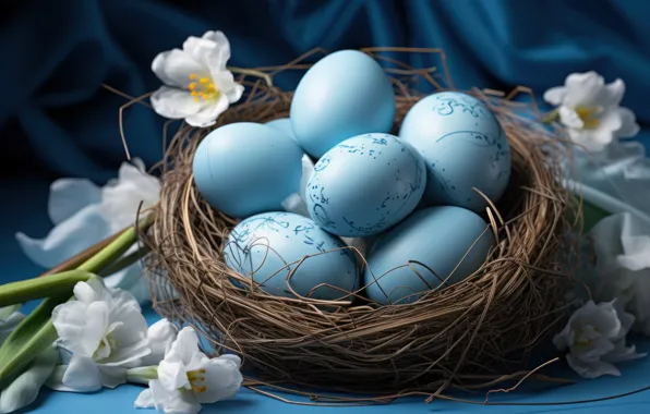 Flowers, holiday, eggs, spring, blue, Easter, socket, bokeh