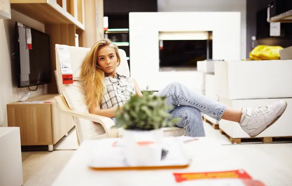 Picture girl, face, hair, jeans, chair, Masha