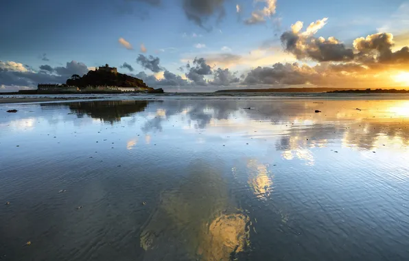 Sand, sea, clouds, the city, reflection, shoal