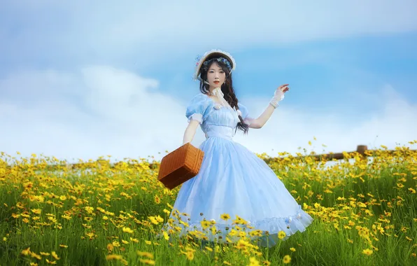 Sky, Beautiful, Asian, Model, Flowers, Woman, Hat, Cute