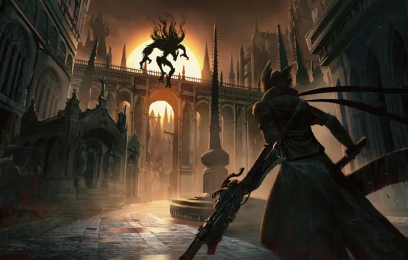 The city, weapons, dawn, street, monster, hunter, Bloodborne