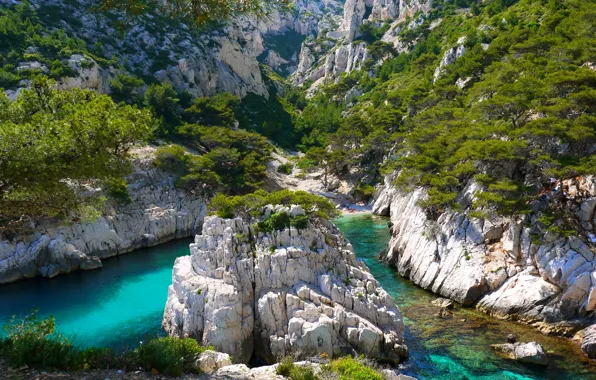 Greens, mountains, rocks, vegetation, France, river, Marseille