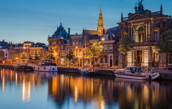 Picture the city, river, building, home, the evening, lighting, lights, Netherlands