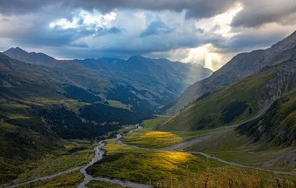 Clouds, Mountains, Switzerland, Alps, Rays of light, Sardona