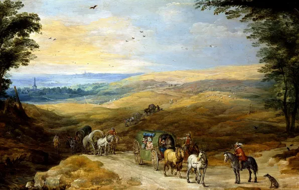 Picture picture, wagon, rider, A landscape with Travelers, Jan Brueghel the elder