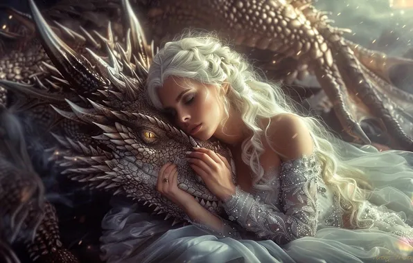 Look, girl, dragon, tenderness, dress, fantasy, hairstyle, blonde