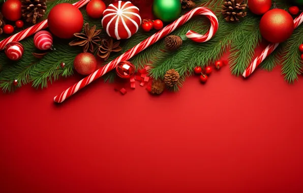 Balls, branches, Christmas, red, New year, needles, bumps, red background
