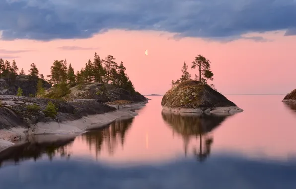 Trees, landscape, nature, lake, stones, the moon, Lake Ladoga, Ladoga