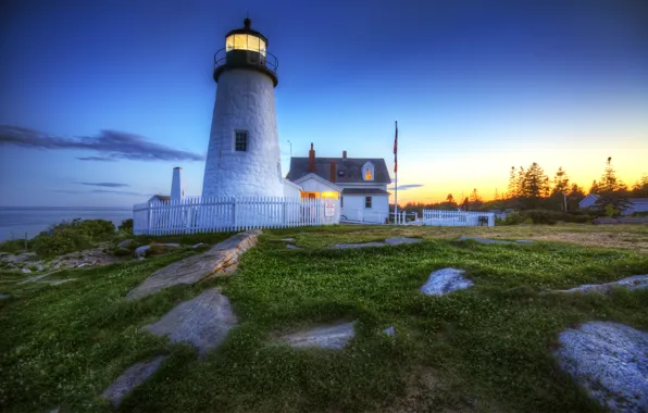 Picture grass, light, sunset, green, rocks, lighthouse, lighthouse