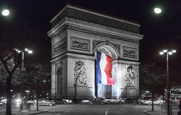 Night, lights, France, Paris, flag, arch