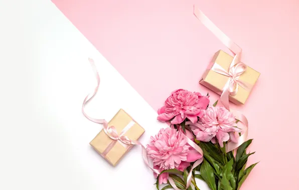 Tape, background, bouquet, gifts, pink, Peonies
