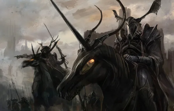 Picture horses, armor, horns, Knights, burning eyes