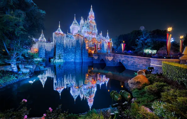 Bridge, pond, reflection, castle, CA, California, illumination, Disneyland