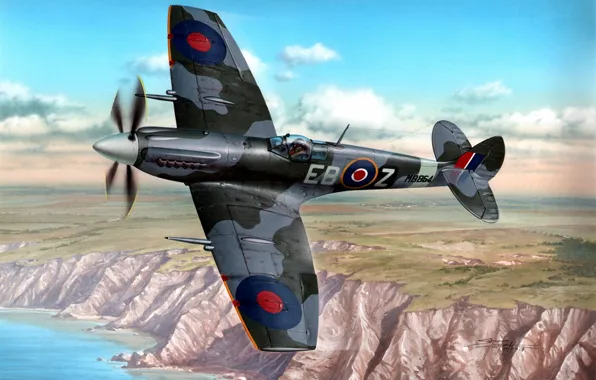 Picture war, art, painting, aviation, ww2, Supermarine Spitfire Mk.XII, british fighter