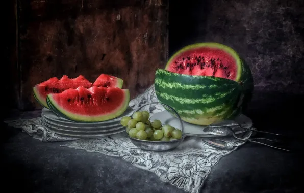 Watermelon, grapes, plates, still life, napkin, spoon