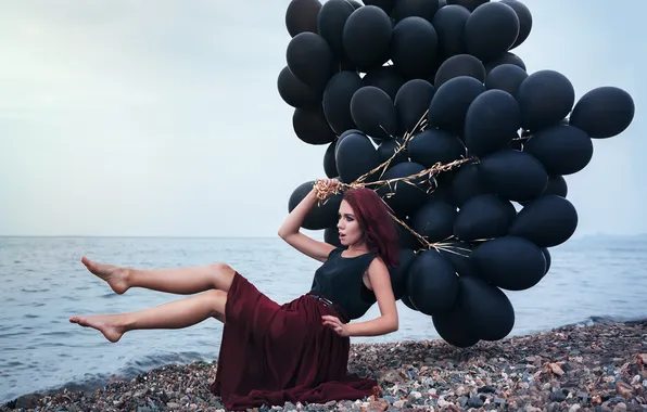 Picture sea, beach, girl, balls, pose, makeup, outfit, girl