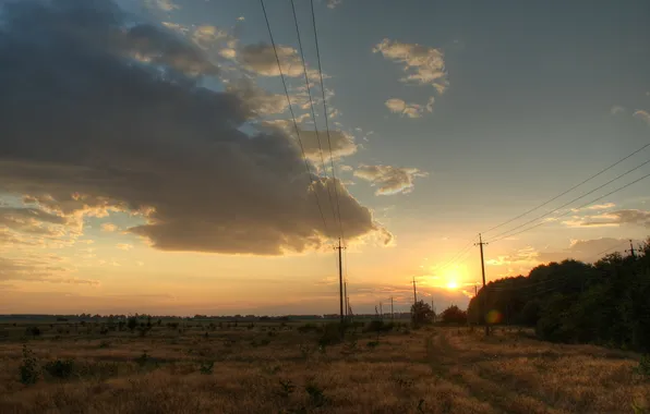 Picture field, clouds, sunset, posts